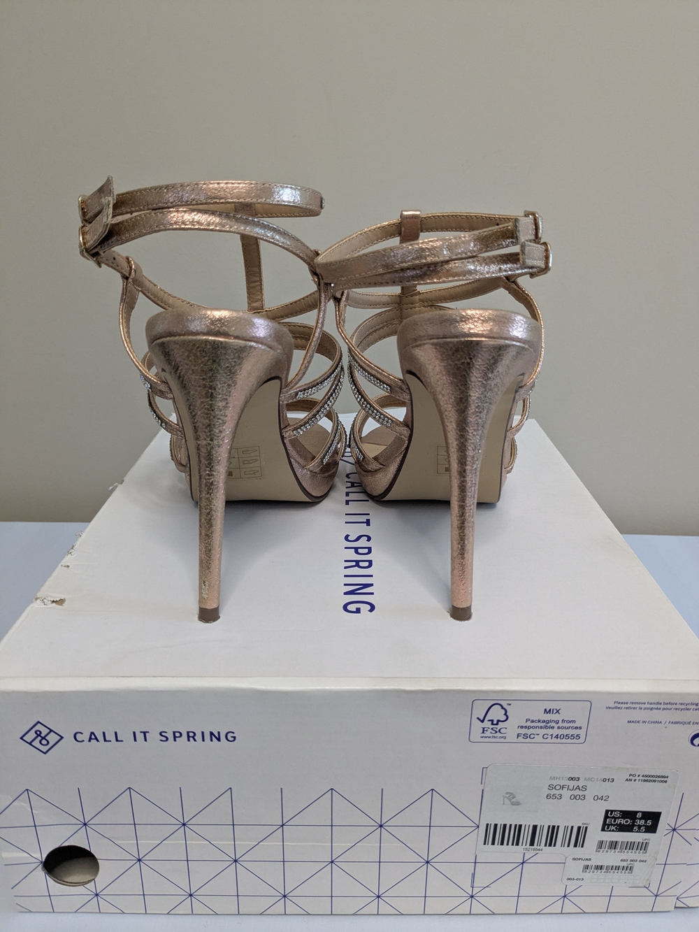 Call It Spring Rose Gold Strappy Rhinestone High Heels - Picture 4 of 5
